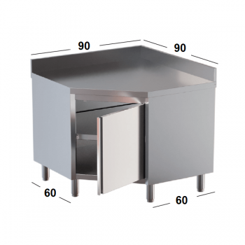 TAVOLO INOX AD ANGOLO CON PORTA A BATTENTE E ALZATINA