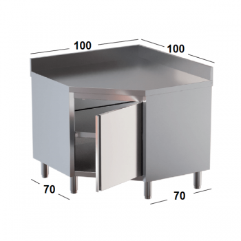 TAVOLO INOX AD ANGOLO CON PORTA A BATTENTE E ALZATINA
