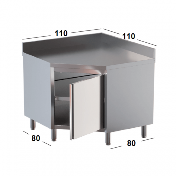 TAVOLO INOX AD ANGOLO CON PORTA A BATTENTE E ALZATINA
