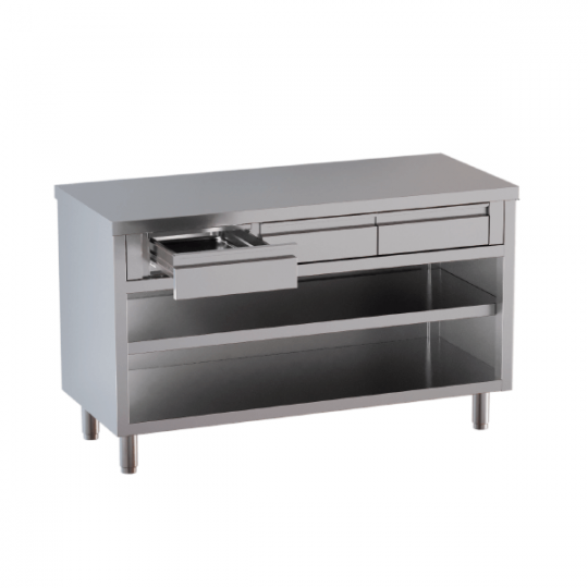 Table d'armoire ouverte avec tiroirs alignés