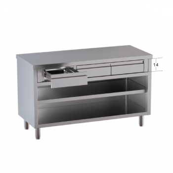 Table d'armoire ouverte avec tiroirs alignés