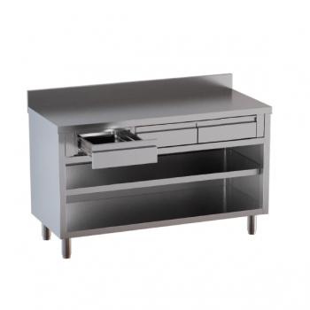 Open cupboard table with in-line drawers and splashback