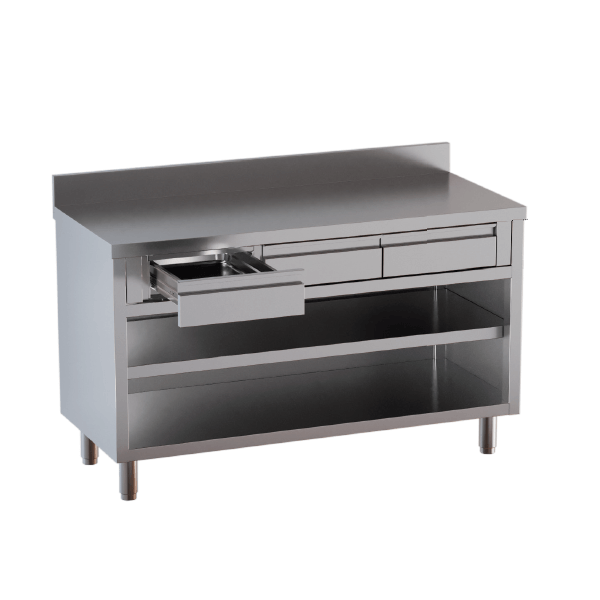 Open cupboard table with in-line drawers and splashback