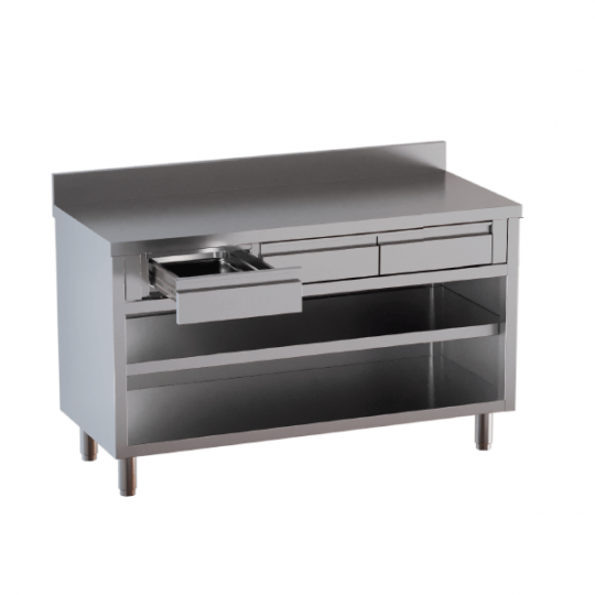 Open cupboard table with in-line drawers and splashback