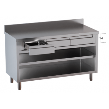 Open cupboard table with in-line drawers and splashback