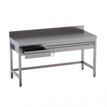 Stainless steel table with frame on three sides, in-line drawers and splashback