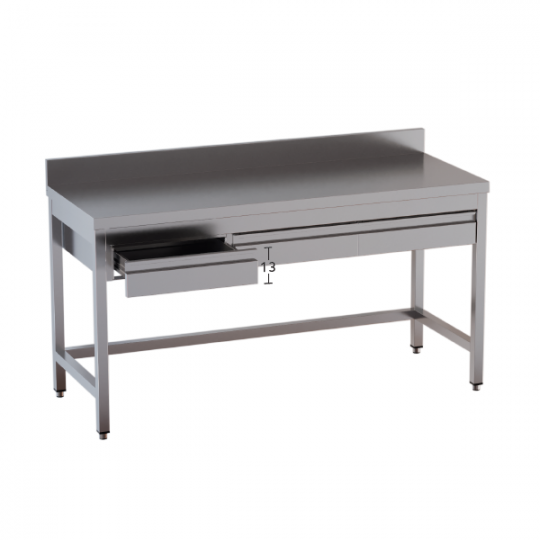 Stainless steel table with frame on three sides, in-line drawers and splashback