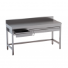 Stainless steel table with frame on three sides, in-line drawers and splashback