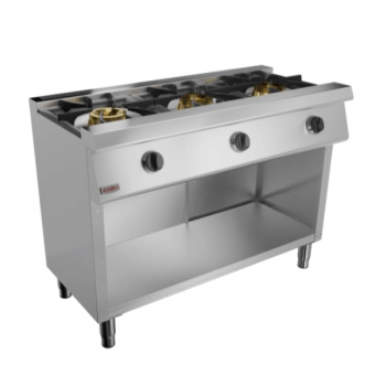 Cuisinière à gaz 3 feux en ligne sur meuble, puissance 28,5 kW | 120 x 57,5 x 90 H cm