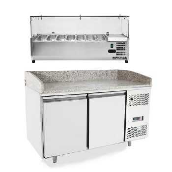 Banco pizza refrigerato 2 porte piano in granito classe A con vetrina ingredienti | 151 x 80 x 150,5 H cm
