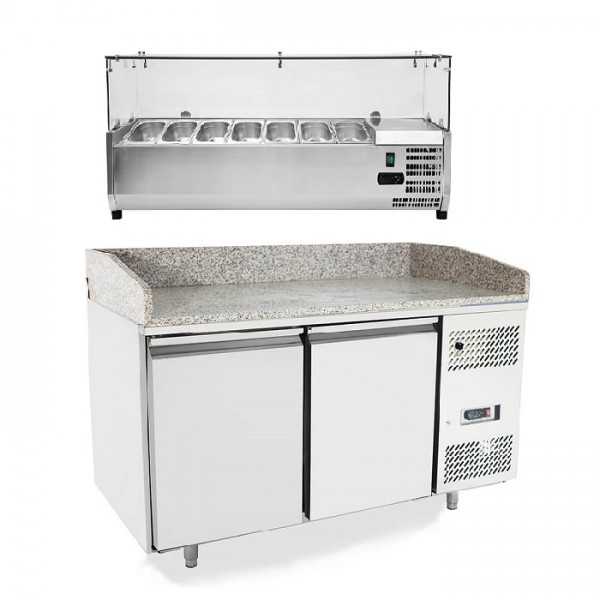 Banco pizza refrigerato 2 porte piano in granito classe A con vetrina ingredienti | 151 x 80 x 150,5 H cm