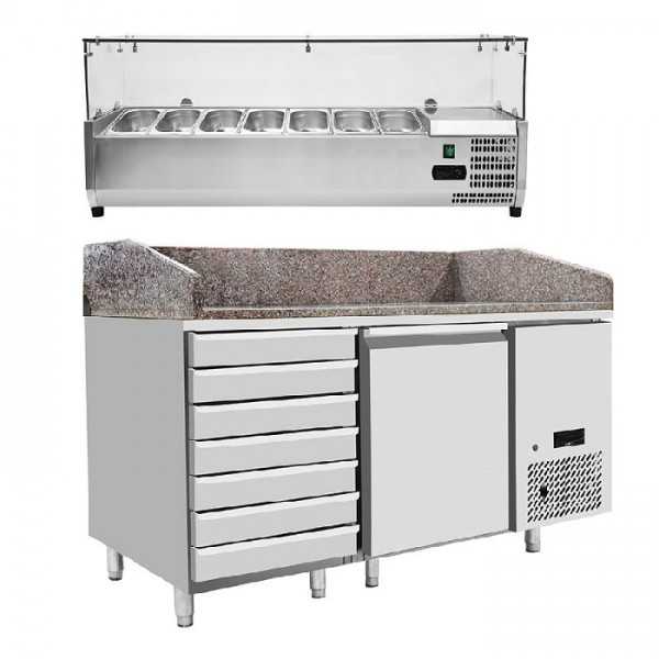 Banco pizza refrigerato 1 porta e cassettiera classe A con piano in granito e vetrina ingredienti | 151 x 80 x 150,5 H cm