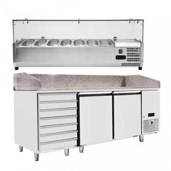 Banco pizza refrigerato 2 porte e cassettiera classe A con piano in granito e vetrina ingredienti | 201 x 80 x 150,5 H cm