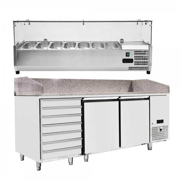 Refrigerated pizza counter with 2 doors and class A chest of drawers with granite top and ingredients display | 201 x 80 x 150.5