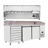 Refrigerated pizza counter with 2 doors and class A chest of drawers with granite top and ingredients display | 201 x 80 x 150.5