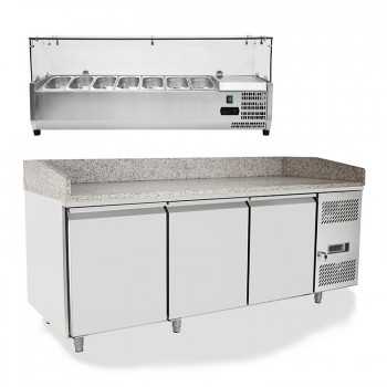 3-door refrigerated pizza counter with granite top and ingredients display | 201 x 80 x 150.5 H cm