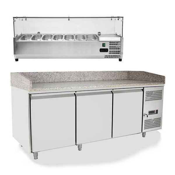 Banco pizza refrigerato 3 porte con piano in granito e vetrina ingredienti | 201 x 80 x 150,5 H cm