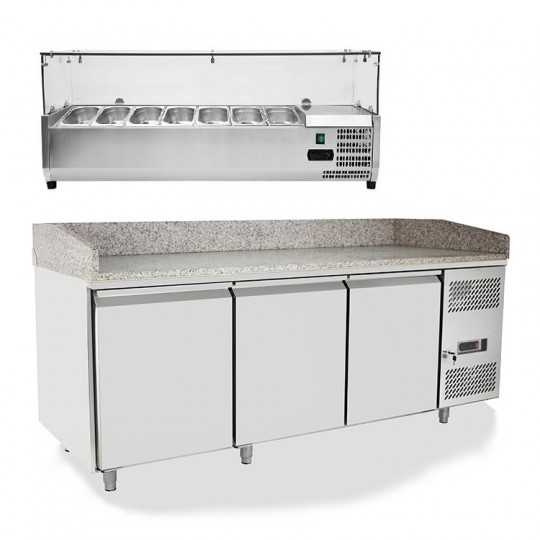 Banco pizza refrigerato 3 porte con piano in granito e vetrina ingredienti | 201 x 80 x 150,5 H cm