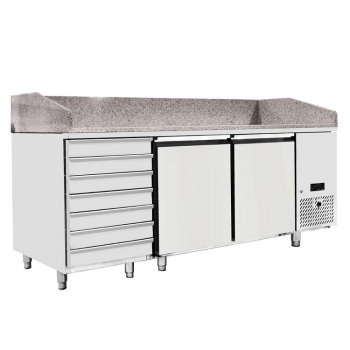 Banco pizza refrigerato 2 porte e cassettiera classe A con piano in granito | 201 x 80 x 107 H cm