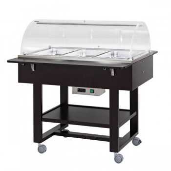 CHARIOT CHAUFFANT BAIN-MARIE AVEC DÔME EN PLEXIGLAS - CAPACITÉ : 3 BAC GN 1/1 - L.111 x P.112 x H.125 cm