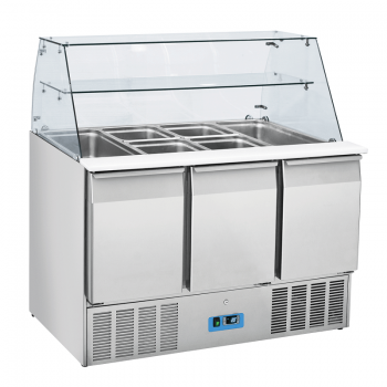 Saladette 3 porte con vetro curvo, mensola intermedia e piano porta bacinelle | 136,5 x 70 x 129,5 H cm