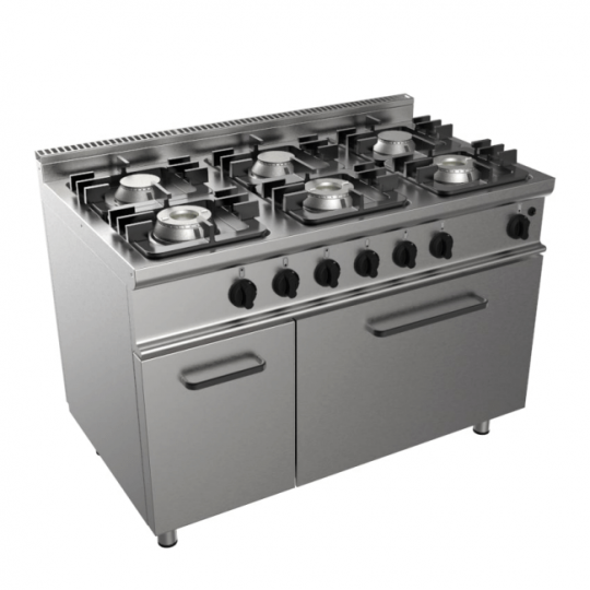 Cucina a gas 6 fuochi su forno a gas profondità 70 cm, potenza 35 kW