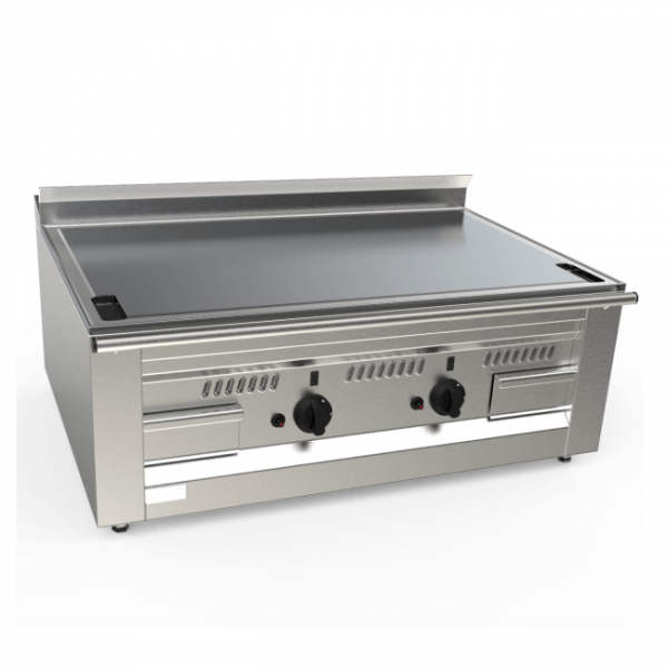Countertop gas teppanyaki griddle with chrome plate and draining perimeter