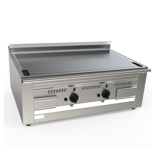 Countertop gas teppanyaki griddle with chrome plate and draining perimeter