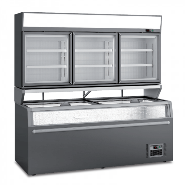 Panoramic refrigerated island with chest freezer and wall unit freezer | 210.5 x 85 x 210 H cm