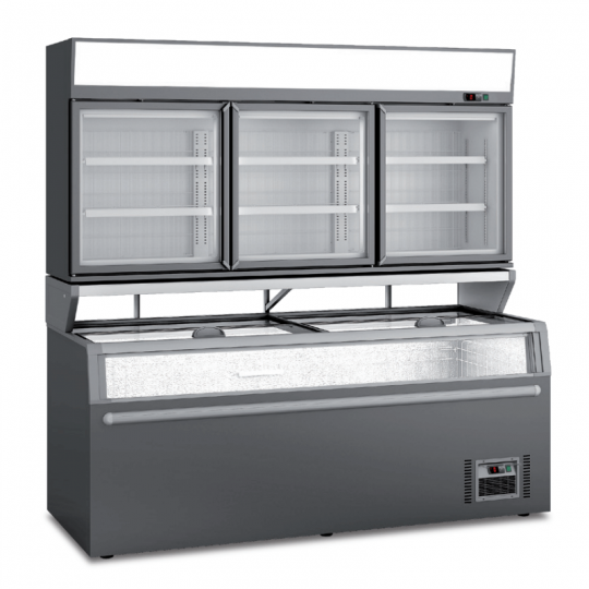 Panoramic refrigerated island with chest freezer and wall unit freezer | 210.5 x 85 x 210 H cm