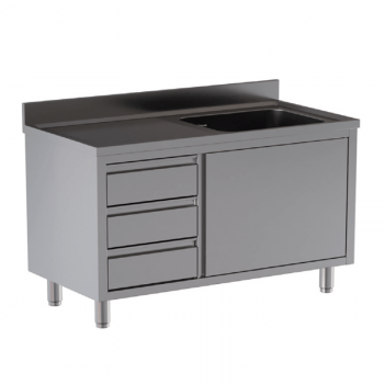 Stainless steel sink cabinet with 1 basin, 1 drainer and drawers