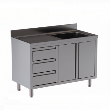 Stainless steel sink cabinet with 1 basin, 1 drainer and drawers