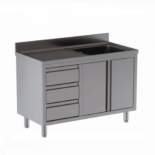 Stainless steel sink cabinet with 1 basin, 1 drainer and drawers