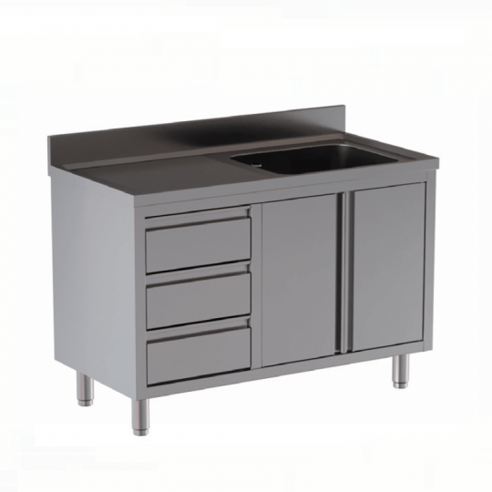Stainless steel sink cabinet with 1 basin, 1 drainer and drawers