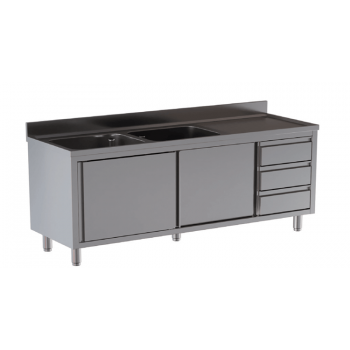 Stainless steel sink cabinet with 1 basin, 1 drainer, drawers and sliding doors