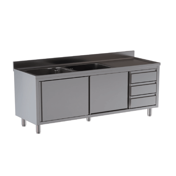 Stainless steel sink cabinet with 1 basin, 1 drainer, drawers and sliding doors
