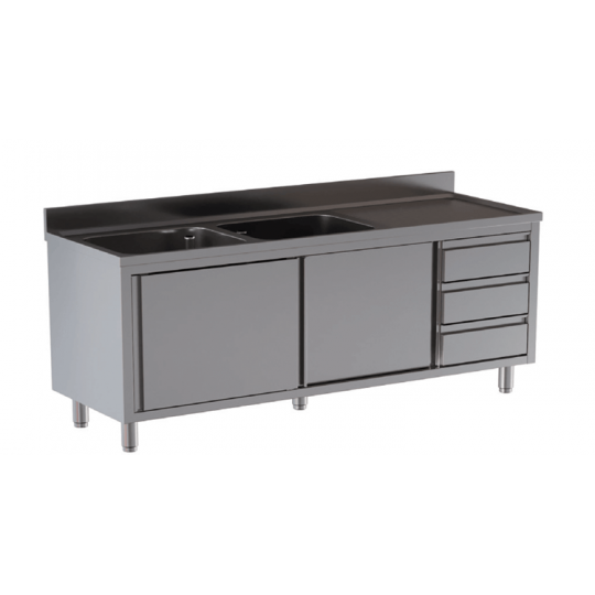 Stainless steel sink cabinet with 1 basin, 1 drainer, drawers and sliding doors
