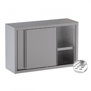 Wall-mounted cabinet with sliding doors and perforated shelves
