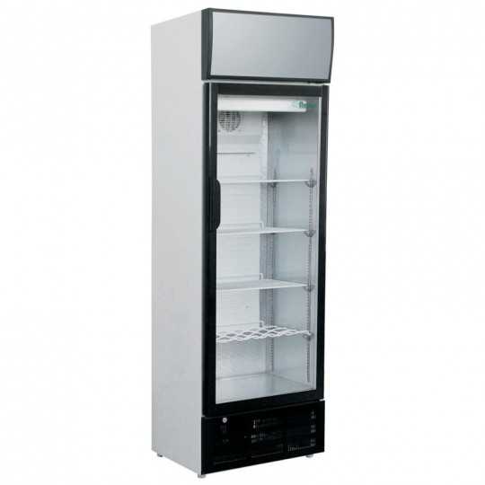 Upright glass door display fridge with canopy 290 litres