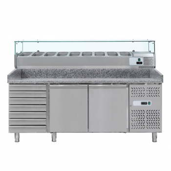 Banco pizza refrigerato 2 porte con cassettiera e vetrina ingredienti PB261VT | 202,5 x 80 x 145,5 H cm