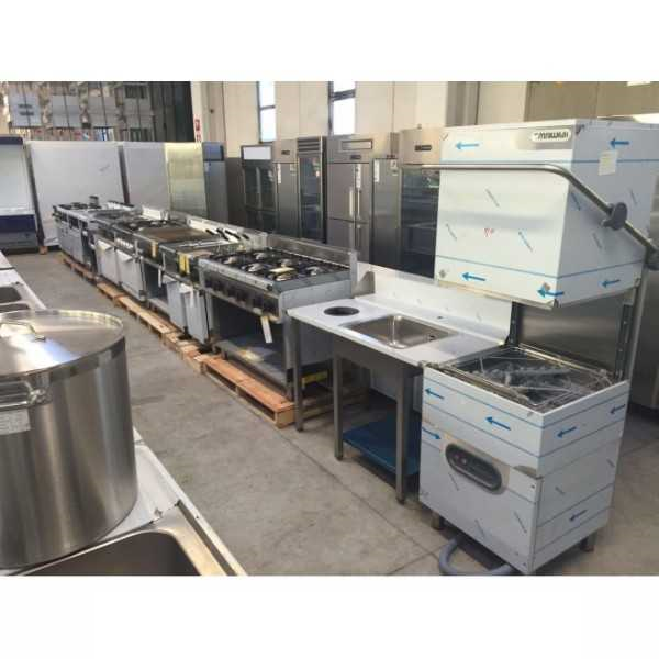 Pass through hood dishwasher with sink and table