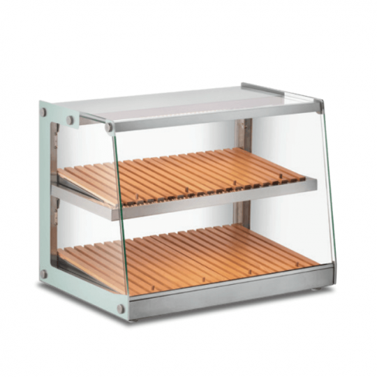 Vitrine de comptoir neutre avec étagères en bois