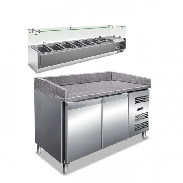 Banco pizza 2 porte con piano di lavoro in granito e vetrina refrigerata ingredienti PKV26