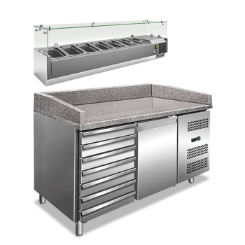 Banco pizza 1 porta con cassettiera, piano di lavoro in granito e vetrina refrigerata ingredienti PKV16
