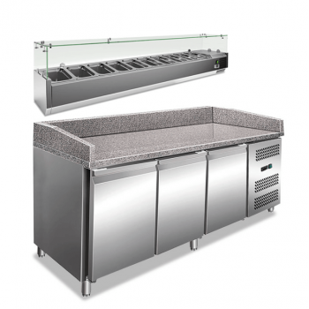 Banco pizza 3 porte con piano di lavoro in granito e vetrina refrigerata ingredienti PKV36