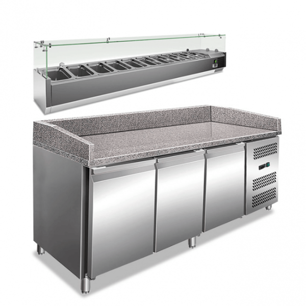 Banco pizza 3 porte con piano di lavoro in granito e vetrina refrigerata ingredienti PKV36