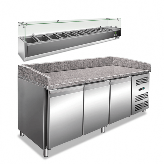 Banco pizza 3 porte con piano di lavoro in granito e vetrina refrigerata ingredienti PKV36