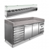 Banco pizza 2 porte con cassettiera, piano di lavoro in granito e vetrina refrigerata ingredienti PKV46