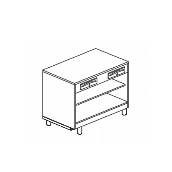 BANCO CASSA COMPLETO DI CASSETTO DI SERVIZIO E CASSETTO CON CHIAVE SU VANO A GIORNO CON RIPIANO INTERMEDIO - L.100 x H.95 cm