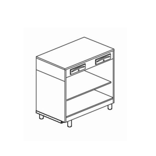 COMPTOIR CAISSE COMPLET AVEC TIROIR DE SERVICE ET TIROIR À CLÉ SUR COMPARTIMENT OUVERT AVEC ÉTAGÈRE INTERMÉDIAIRE - L.100 x H.11